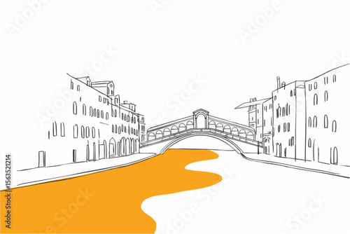 Minimal line art of a venice scene, Italy with bold accents