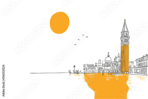 Minimal line art of a venice scene, Italy with bold accents