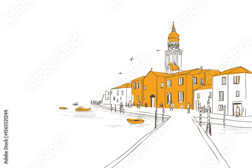 Minimal line art of a venice scene, Italy with bold accents