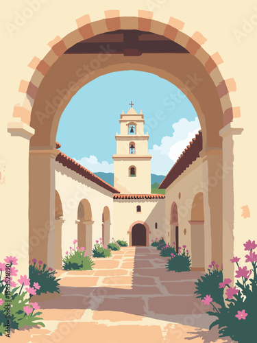 Mission San Juan Capistrano arches with bell tower in adobe cream, terracotta roof, floral pink, and sky blue