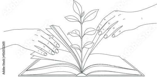 Knowledge Growth and Nurturing: Hands, Plant, and Open Book Line Art Illustration