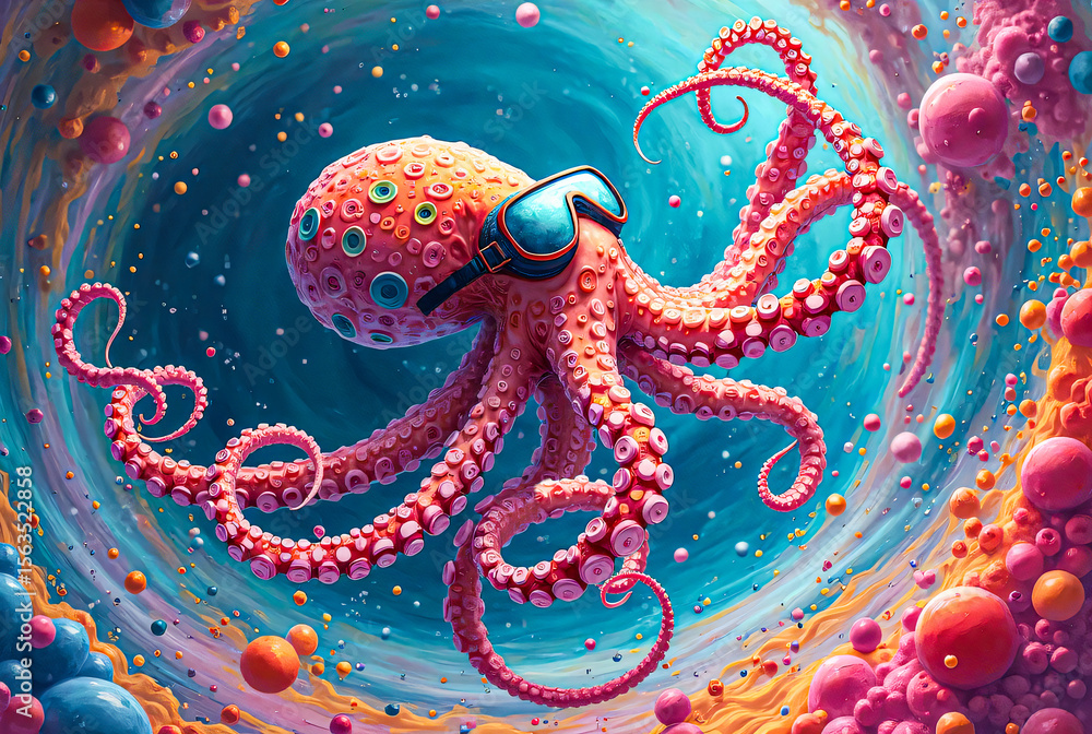 Obraz premium A colorful octopus with its tentacles spread out. The scene featuring a colorful octopus in a diving mask is a surreal, colorful environment filled with various spherical and star-shaped objects.