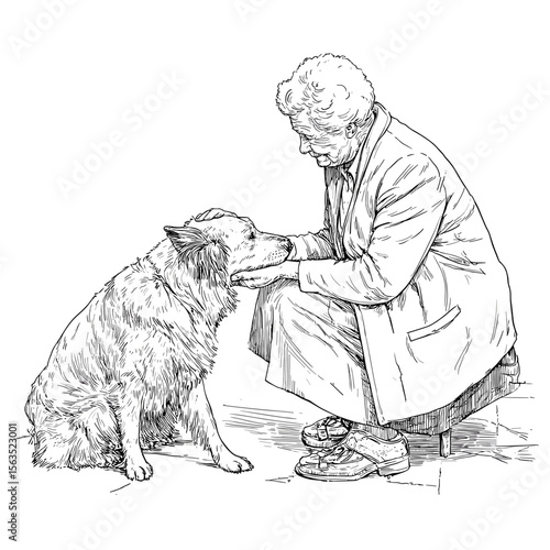vector grandmother feeding dog black lines on white background .Generative AI