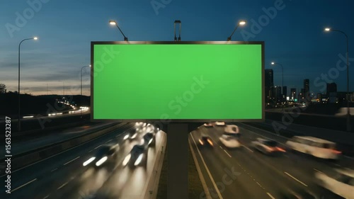 Empty billboard on highway at dusk with city skyline in background