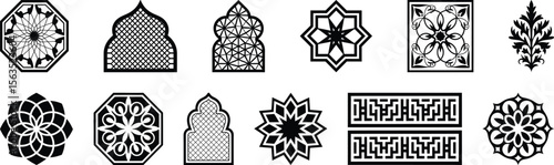 A large collection of various islamic and arabic geometric ornament silhouette vector designs, including frames, borders, and windows.