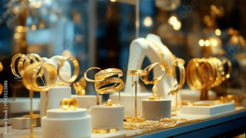 Elegant display of gold bracelets and jewelry in a luxury retail shop window