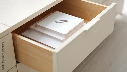Organized Desk Drawer with Paper and Clips