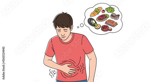Man experiencing stomach discomfort thinking about delicious food choices