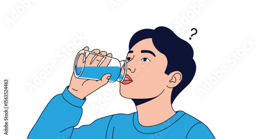 Young man drinking water raises eyebrows question mark above head indicating confusion or thoughtful consideration