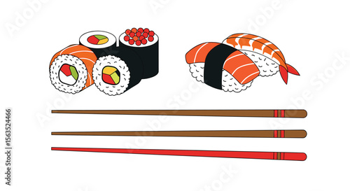 Delicious japanese sushi and maki rolls with chopsticks illustration for food and dining themes
