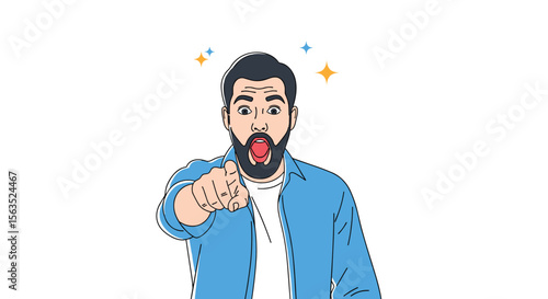 Astonished man points directly forward with mouth open wide expressing shock and amazement