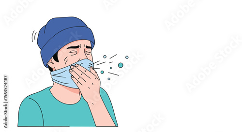 Illustration of a person wearing a face mask and coughing to prevent the spread of germs and illness during a respiratory pandemic or seasonal allergy outbreak