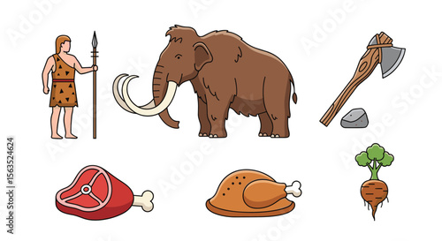 Prehistoric hunter gathering food with mammoth meat and root vegetables