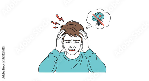 Man suffering from severe headache and mental distress experiencing cognitive overload and visual disturbances trying to cope with intense pressure