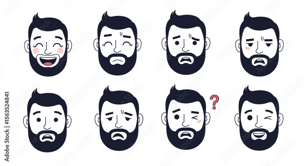 Collection of diverse emotional expressions of a bearded man showing happiness sadness confusion worry and surprise Collection of diverse emotional expressions of a bearded man showing happiness sadness confusion worry and surprise