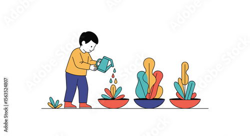 A young boy nurturing plants with water from a watering can in a garden setting