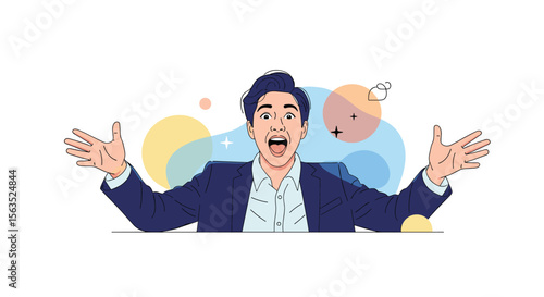 Excited man in suit celebrating with arms wide open feeling joyful and enthusiastic