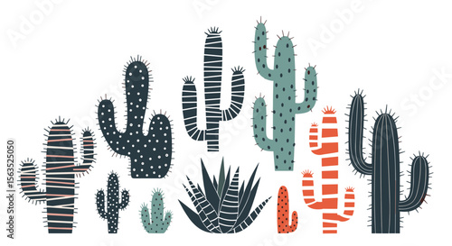 Vibrant collection of diverse cactus varieties in artistic desert landscape