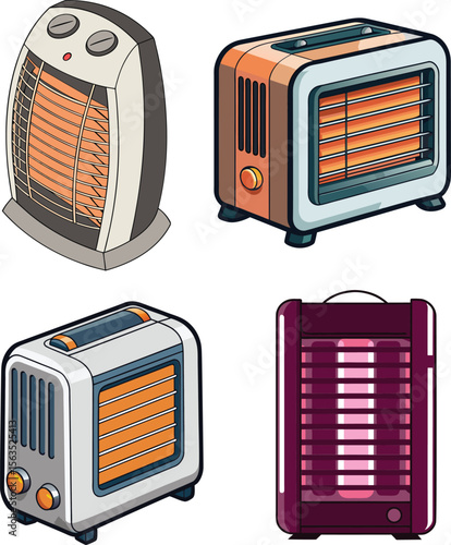 3D Vector Electric Room Heaters with Glowing Orange Elements and Realistic Front Grills. 