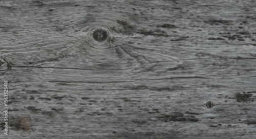 Closeup of aged gray weathered wood with prominent grain horizontal cracks and two knots