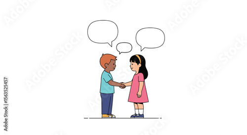 Children shaking hands with speech bubbles above their heads illustrating communication and friendship