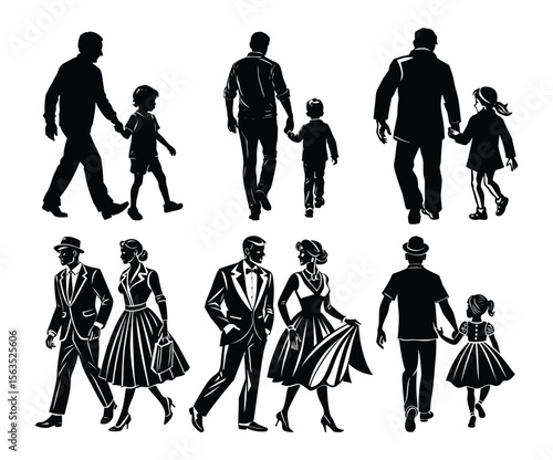 Dad Holding Daughter’s Hand  Fatherhood Silhouette Vector for Family Love Concepts.