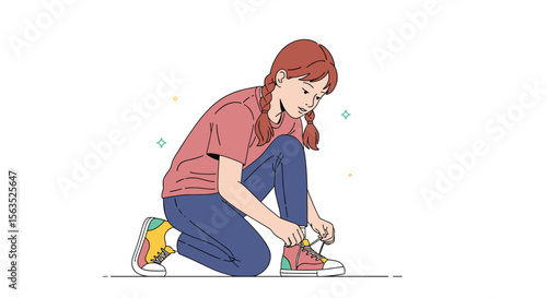 Young girl with braided hair diligently tying her shoelaces on a bright day