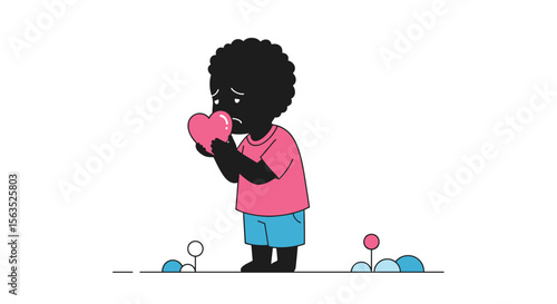 A sad child holding a heart shape gently in the garden amongst small flowers and stones