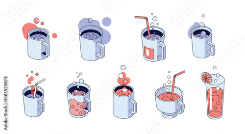 Collection of refreshing beverages with bubbles and straws served in mugs and glasses