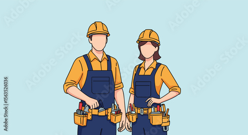 Skilled male and female construction workers wearing hard hats and tool belts ready for project completion
