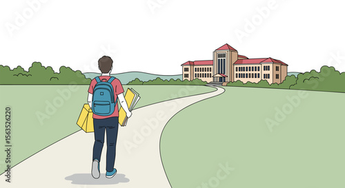 Student walking towards college building with backpack and books on a sunny day