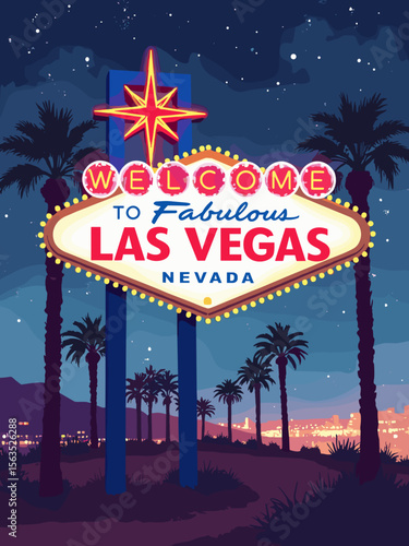 Welcome to Las Vegas sign glowing at night with neon red-yellow-blue, desert black, and sparkle white