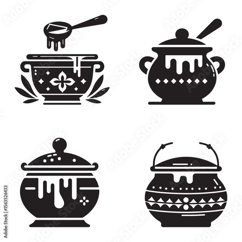 Silhouette vector icon of a butter pot with butter dripping, traditional shape, minimal Indian festive icon, white background