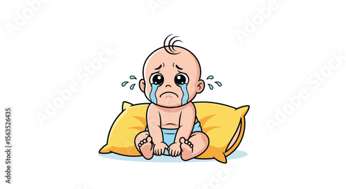 Sad crying baby sitting on a yellow pillow with tears streaming down his face