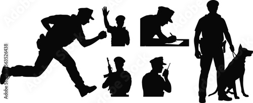 A set of diverse police officer silhouette vector icons in action, including running, writing a report, and a k9 unit handler.
