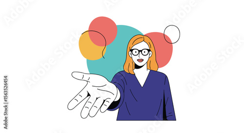 Friendly person offering help with a welcoming gesture and abstract colorful circles background