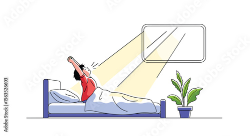 Person waking up in bed feeling refreshed and energetic with sunlight streaming into the room