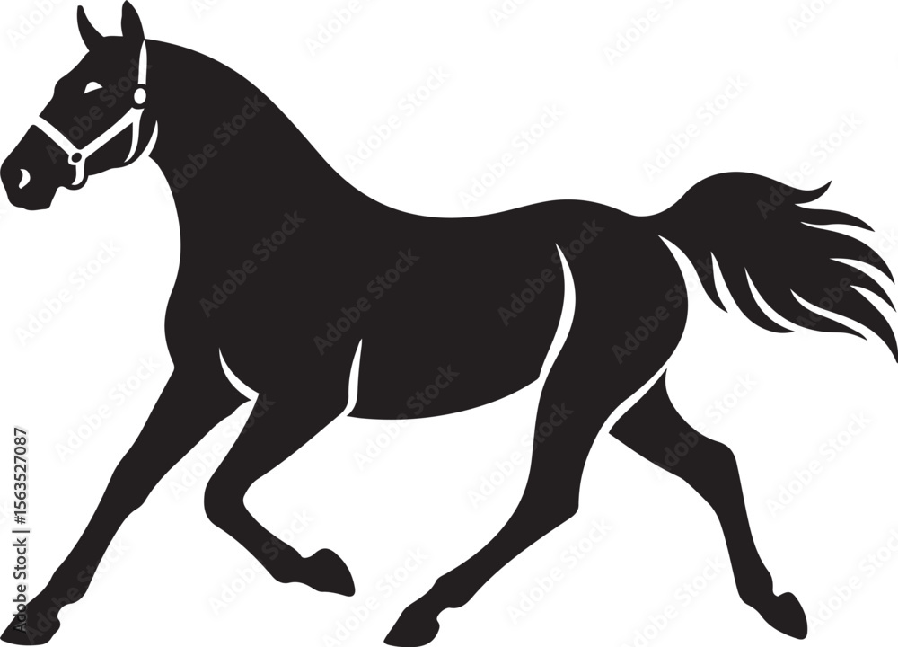 Obraz premium Running horse with halter silhouette sketch, Galloping horse headgear black drawing