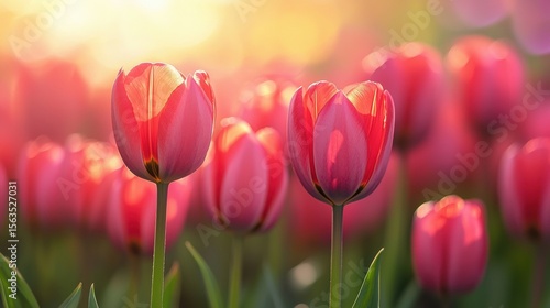 Close Up of Vibrant Pink Tulips in Full Bloom with Blurred Background and Warm Sunlight in the Garden