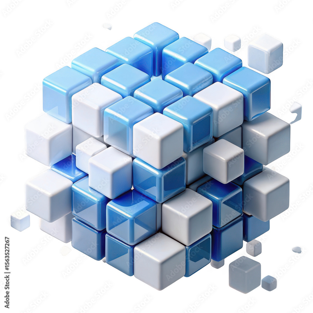 Abstract geometric structure of blue and white cubes isolated on transparent background Abstract geometric structure of blue and white cubes isolated on transparent background