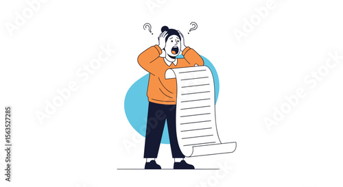 Frustrated person overwhelmed by an extremely long unmanageable list of tasks and responsibilities