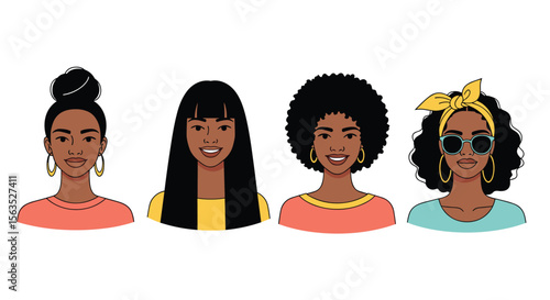 Diverse group of black women showcasing different hairstyles and accessories in flat illustration style