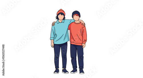 Two male friends standing together with arms around shoulders and casual winter clothing