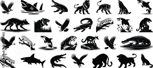 A large collection of wild predatory animal silhouette vector logos, including a lion, tiger, shark, wolf, eagle, and crocodile.
