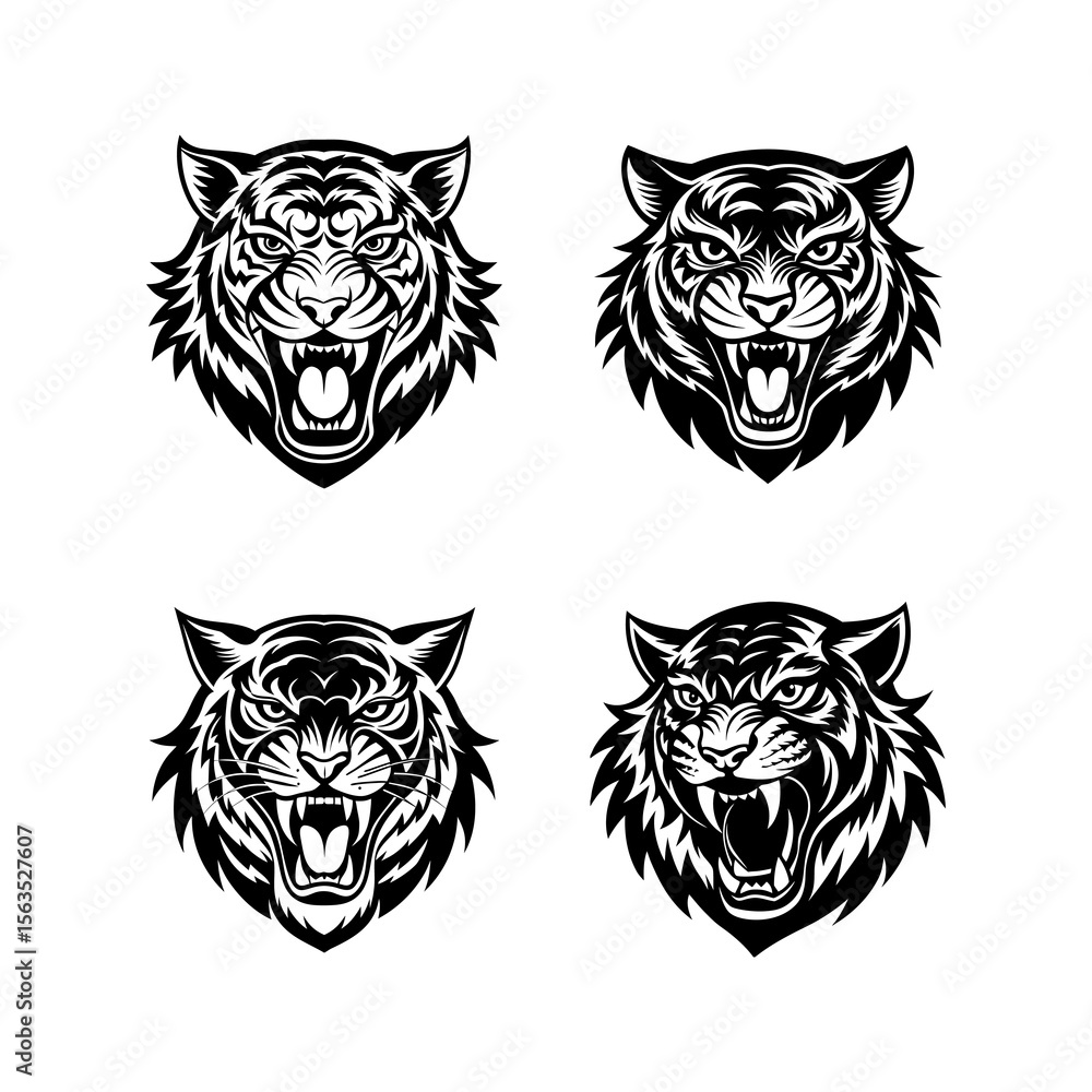 Obraz premium Set of Artistic Tiger Head Vector Icons in Black and White