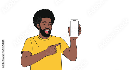 Excited african american man points to mobile phone screen demonstrating new technology
