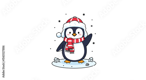 Charming cartoon penguin waving hello wearing winter hat and scarf on ice floe