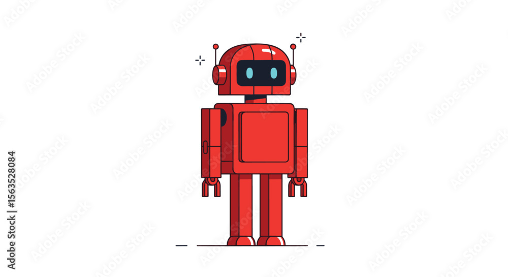 Fototapeta premium Friendly red robot character with antennas and glowing blue eyes standing still