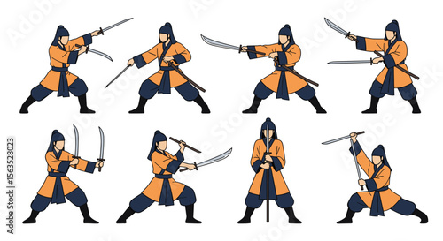 Eight dynamic poses of a warrior in traditional asian martial arts attire executing sword techniques