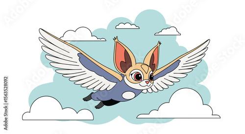 Adorable fennec fox character soars gracefully through a sky filled with fluffy clouds